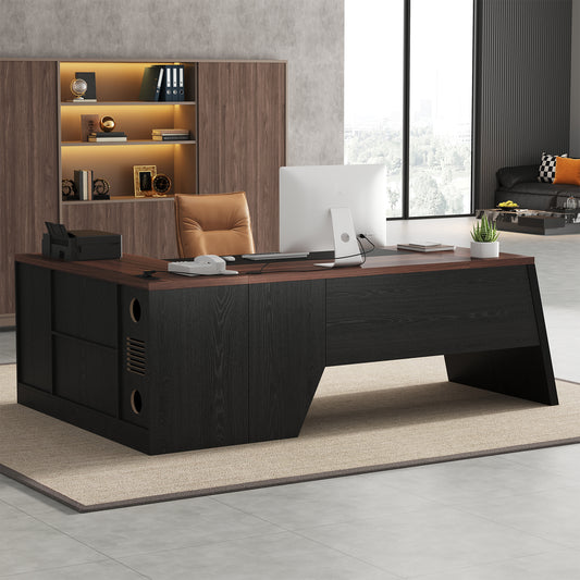 L-Shaped Executive Desk with Power Outlet, 78-Inch Large Office Desk with Storage Drawer and Lateral File Cabinet, Modern Computer Table with Open Shelf and PC Stand for Home Office Study, Brown Black