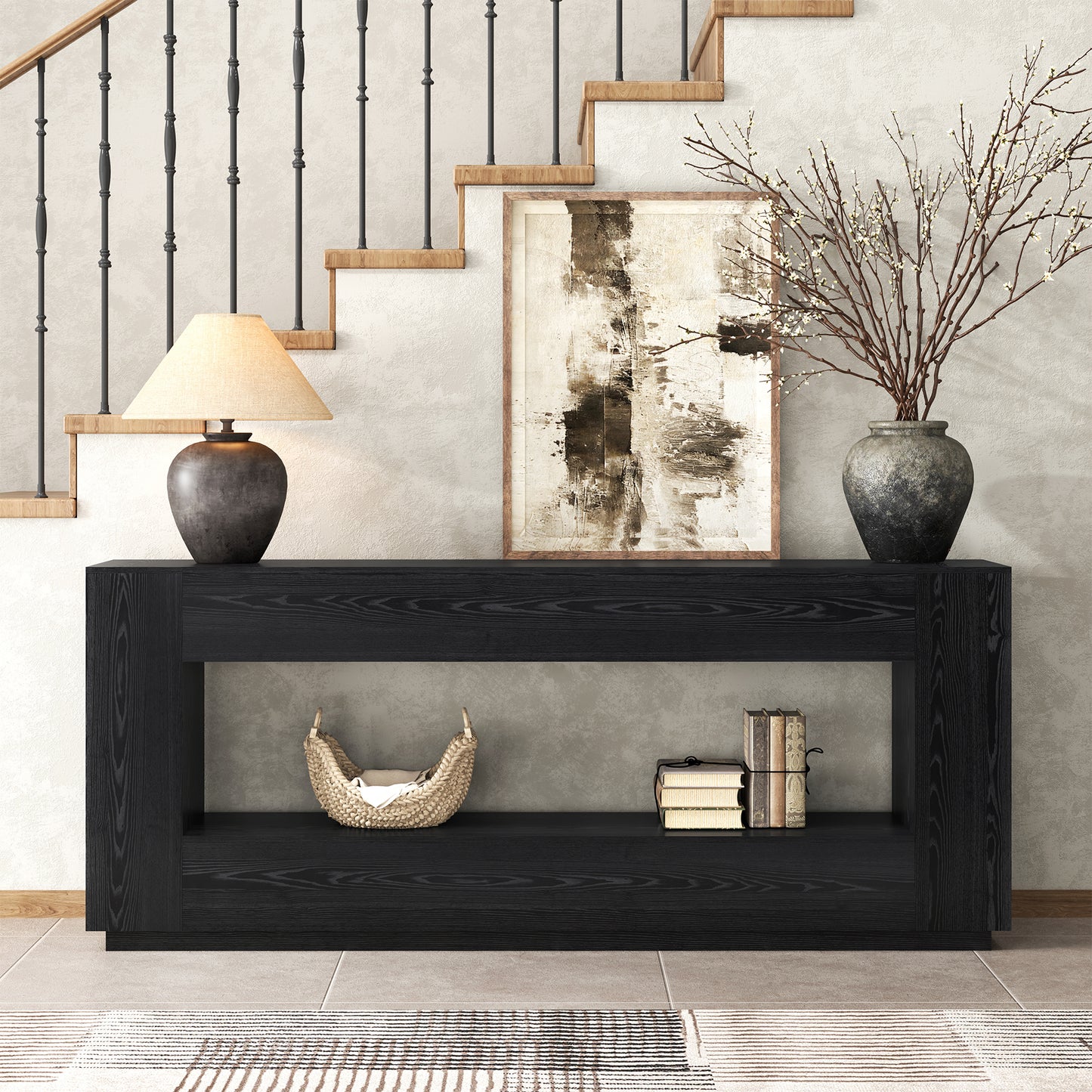 78 Inch Extra Long Console Table, 2-Tier Wood Entryway Table with Storage, Farmhouse Sofa Behind Couch Table for Entrance, Living Room, Foyer, Hallway, Black