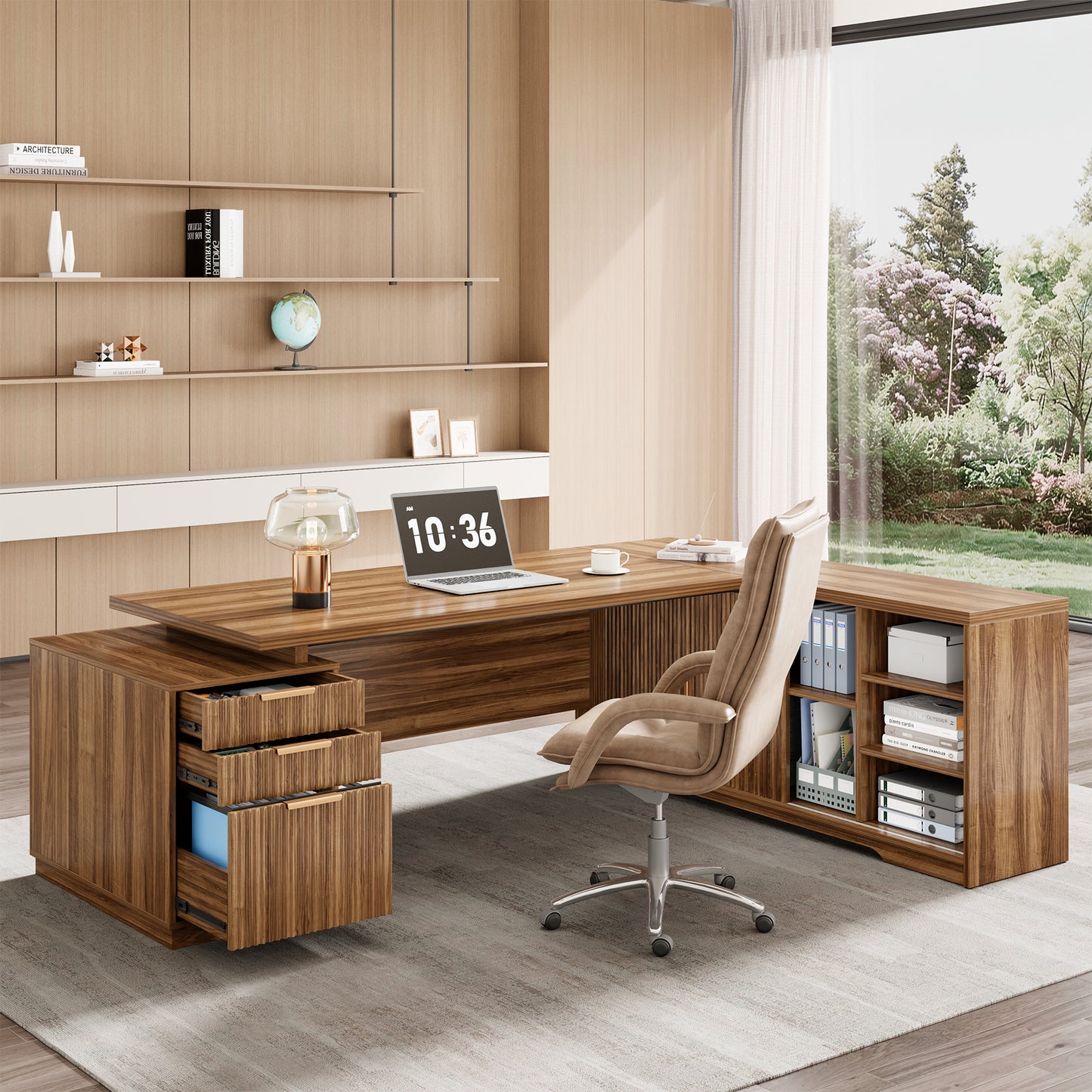 78 Inch L-Shaped Executive Desk with Drawer, Large Home Office Desk with File Cabinet, Modern Fluted Computer Table with Storage Open Shelves, Wood Business Furniture for Boss, Oak Brown