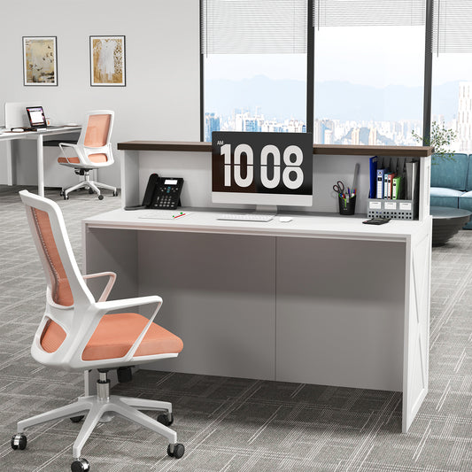 47-Inch Reception Desk with Counter, Modern Front Desk Reception Room Table, Unique Barn Door Home Design Office Receptions Desks Retail Counter for Checkout, Lobby, Beauty Salon, White