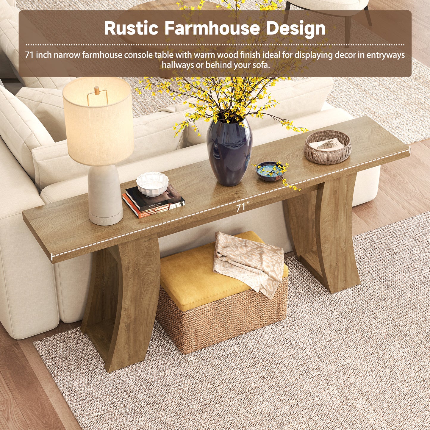 70.9-Inch Wood Console Table for Entryway Living Room, Extra Long Rectangular Natural Sofa Tables with Farmhouse Wooden Curved Base for Home Hallway Couch Foyer Entrance, Light Brown Oak