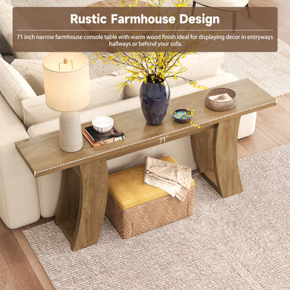 70.9-Inch Wood Console Table for Entryway Living Room, Extra Long Rectangular Natural Sofa Tables with Farmhouse Wooden Curved Base for Home Hallway Couch Foyer Entrance, Light Brown Oak