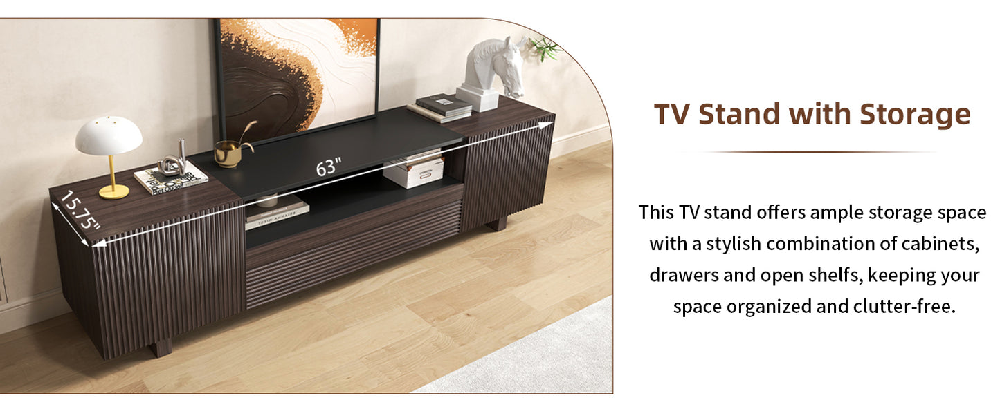 Epecoya TV Stand with Storage Cabinets for Living Room, Modern Wood Fluted TVs Media Console for 55/60/65 Inch TVs, Mid Century Television Stands with Drawer and Open Shelve for Bedroom, Dark Walnut