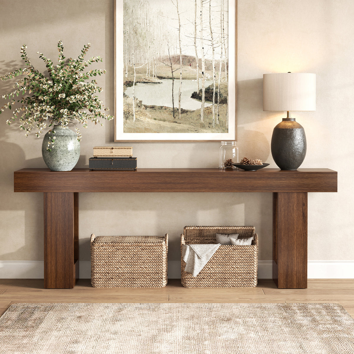 Mid Century Entryway Tables for Living Room, Walnut Brown Extra Long Console Table Behind Couch 78In, Wooden Entry Way Tables for Living Room, Apartment