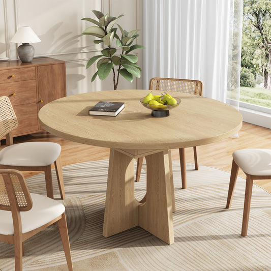 59-Inch Extendable Round Dining Table for Dining Room, 4-6 People Farmhouse Oval Wood Expandable Kitchen Dinner Table with Heavy Cross Pedestal for Living Room, Apartment, Light Oak