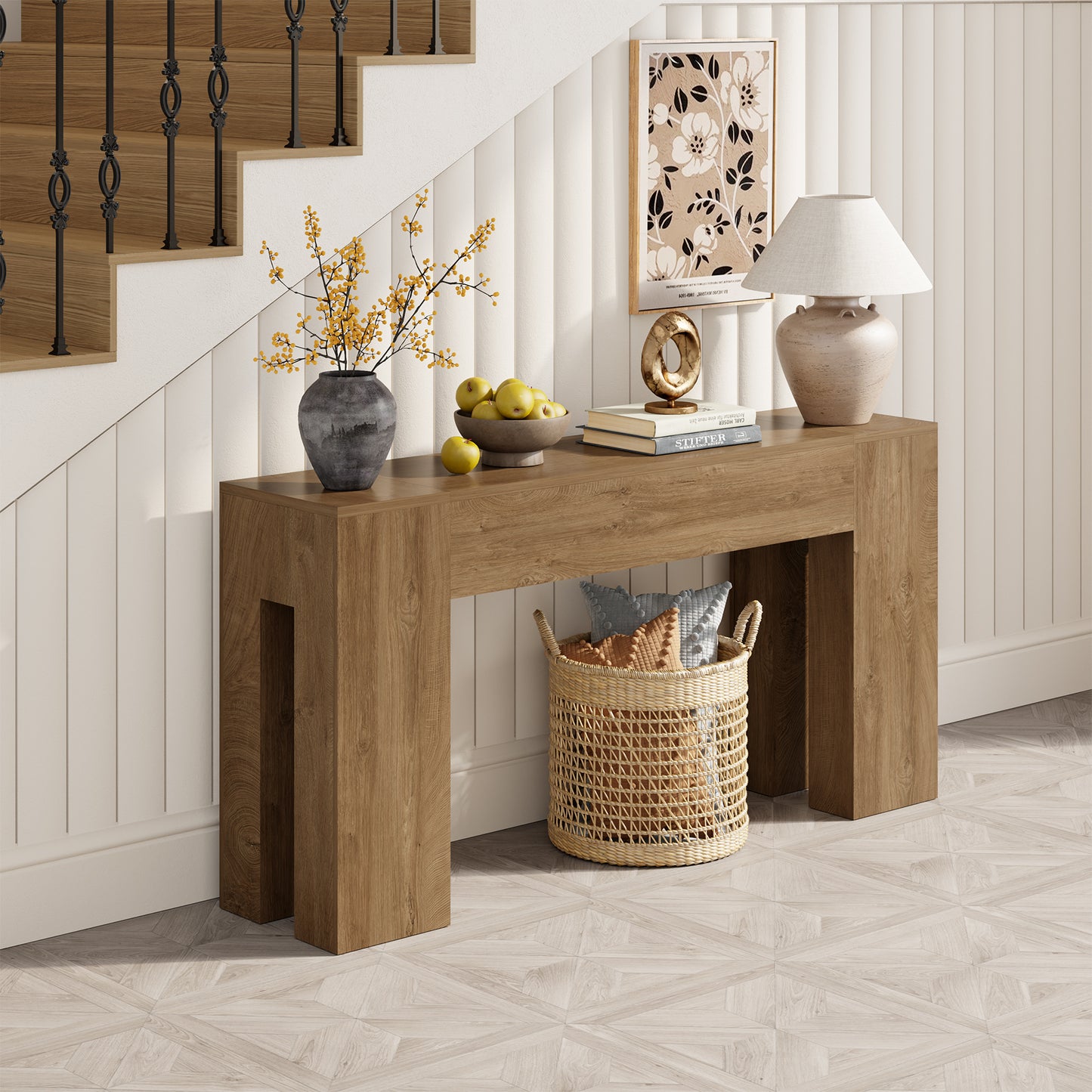 Epecoya Long Sofa Console Table for Entryway Living Room, 63-Inch Farmhouse Wood Behind Couch Table, Rectangular Accent Console with Wooden Double Base for Hallway Foyer Entrance, Natural Oak