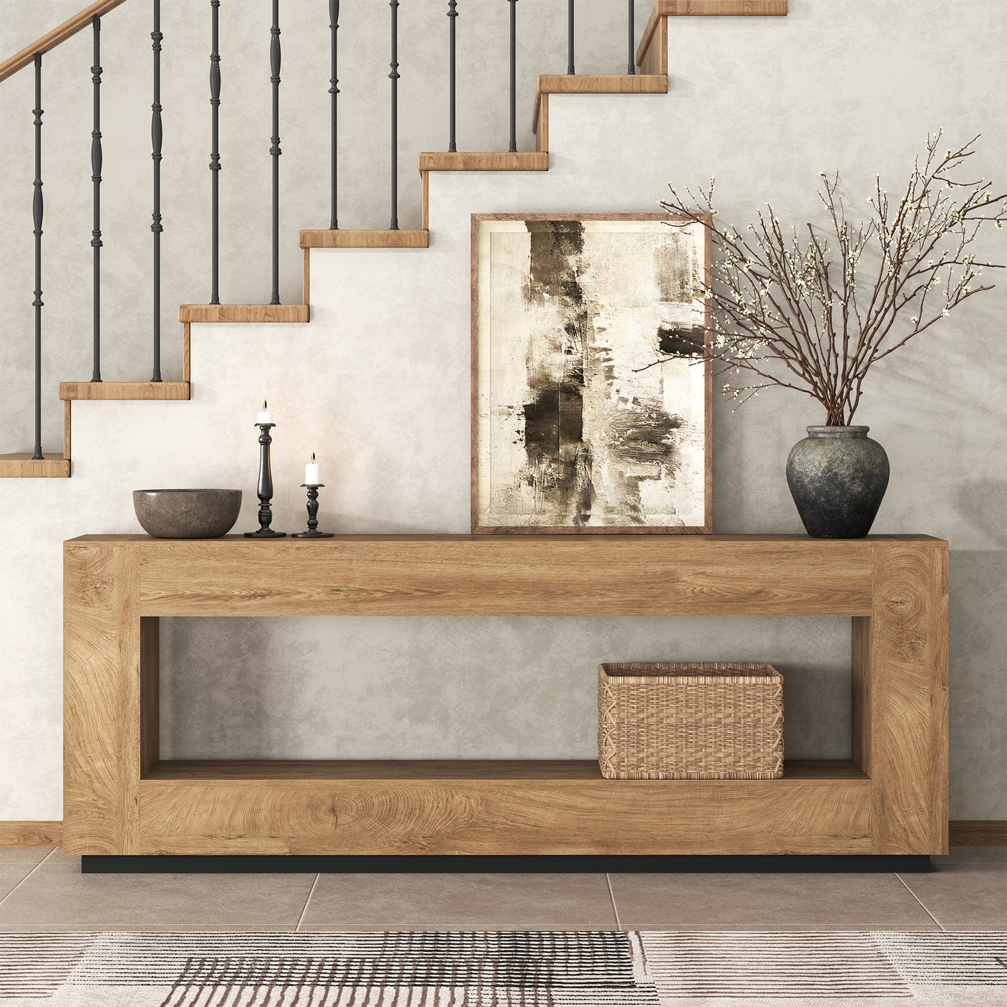 78 Inch Extra Long Console Table for Entryway, 2-Tier Wood Sofa Table Behind Couch with Storage Shelf, Farmhouse Entrance Table with Thickened Base for Living Room, Foyer, Hallway, Oak Brown