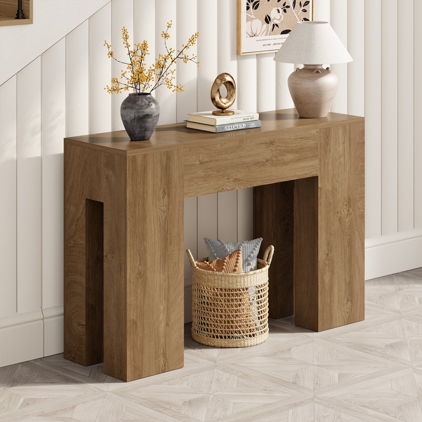Epecoya 47-Inch Long Sofa Console Table for Entryway Living Room, Farmhouse Wood Behind Couch Table, Rectangular Accent Console with Wooden Double Base for Hallway Foyer Entrance, Natural Oak Brown