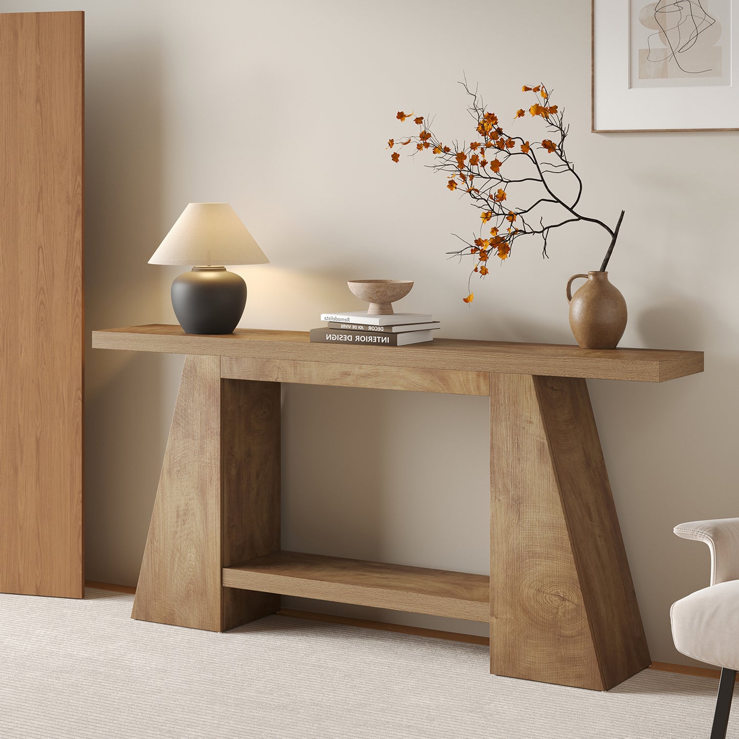 63-Inch Wood Console Table with Shelf for Living Room Entryway, 2-Tier Wooden Sofa Tables with Long Open Storage Shelf for Hallway Behind Couch, Oak Brown