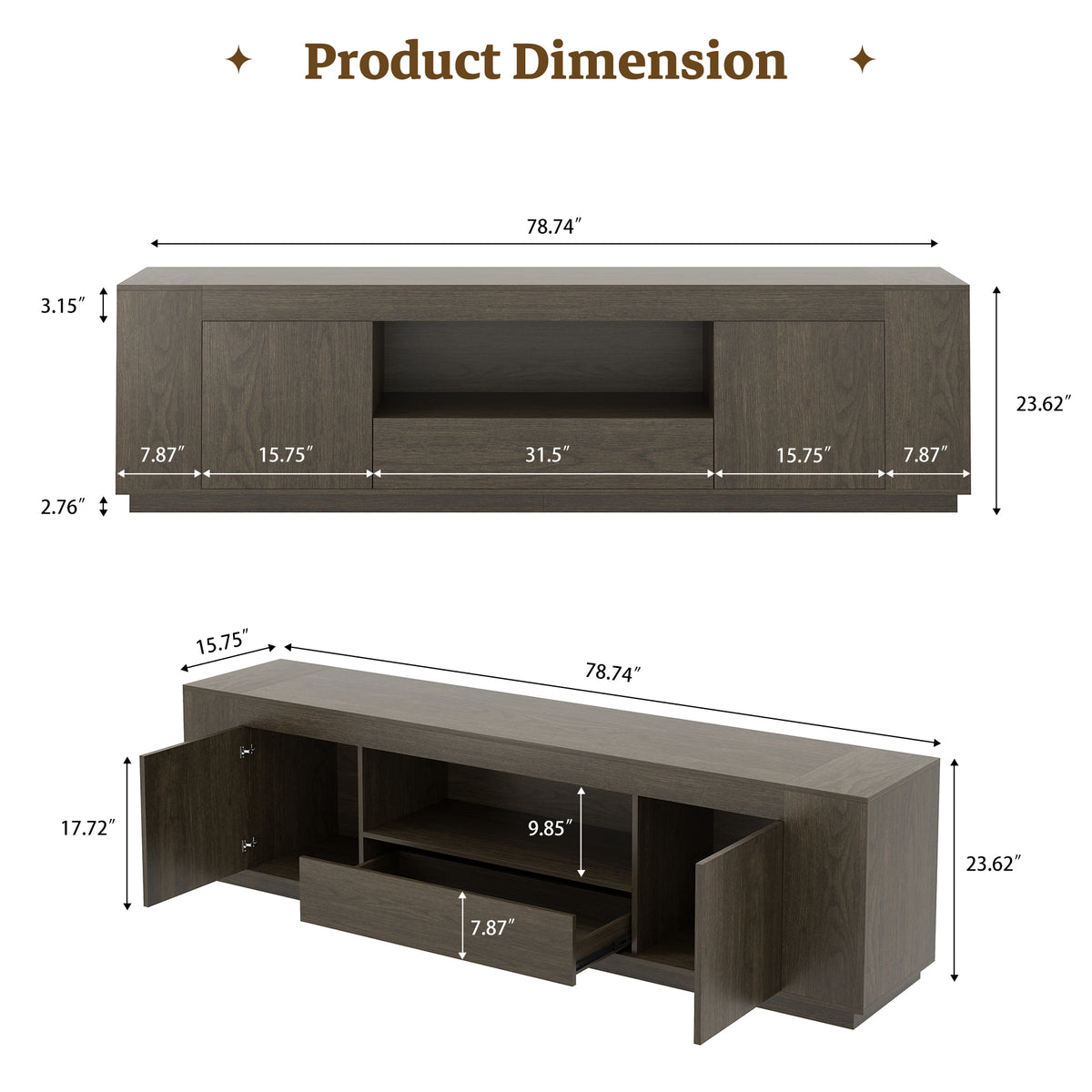 Wood TV Stands for Living Room 78-Inch, Walnut Brown Mid Century Entertainment Center with Storage, Large Television Stand for TVs Up to 85 Inch