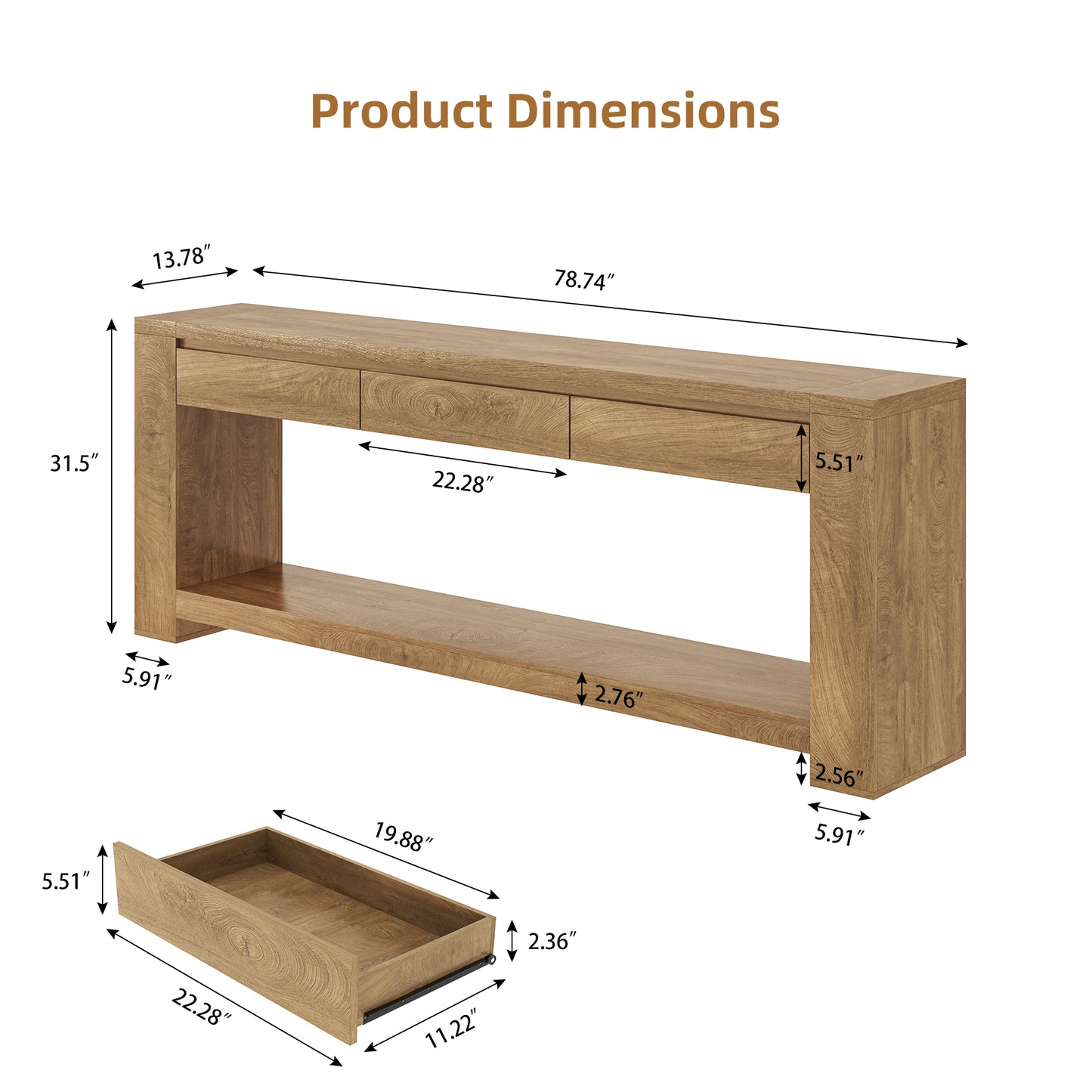 78 Inch Extra Long Console Table with Storage Drawer and Open Shelf | 3 Storage Drawers | Open Shelf | Natural Oak Brown | Farmhouse Entryway Table | Behind Sofa | Entrance, Hallway, Living Room