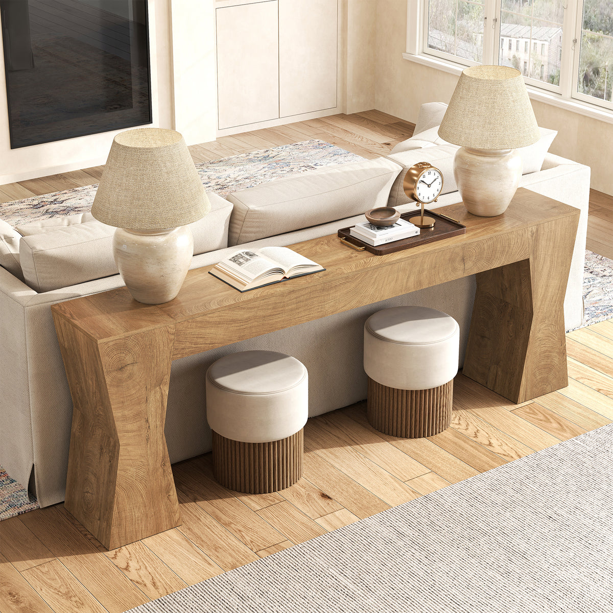 Extra Long Console Table for Living Room, Natural Oak Brown 86-Inch Entryway Table with X-Shaped Legs Wooden, Farmhouse Behind the Couch Table for Entrance, Hallway