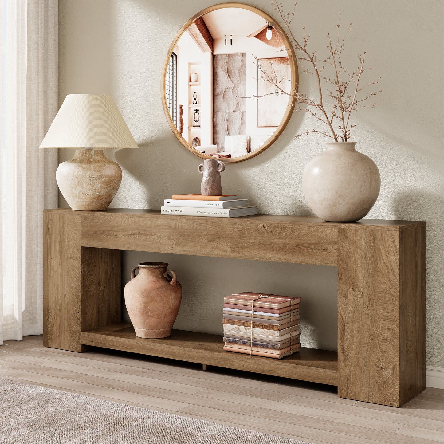86-Inch Extra Long Console Table for Entryway, Farmhouse Sofa Table Behind Couch Wooden, 2-Tier Entry Console Tables with Storage for Entrance, Living Room, Natural Oak Brown