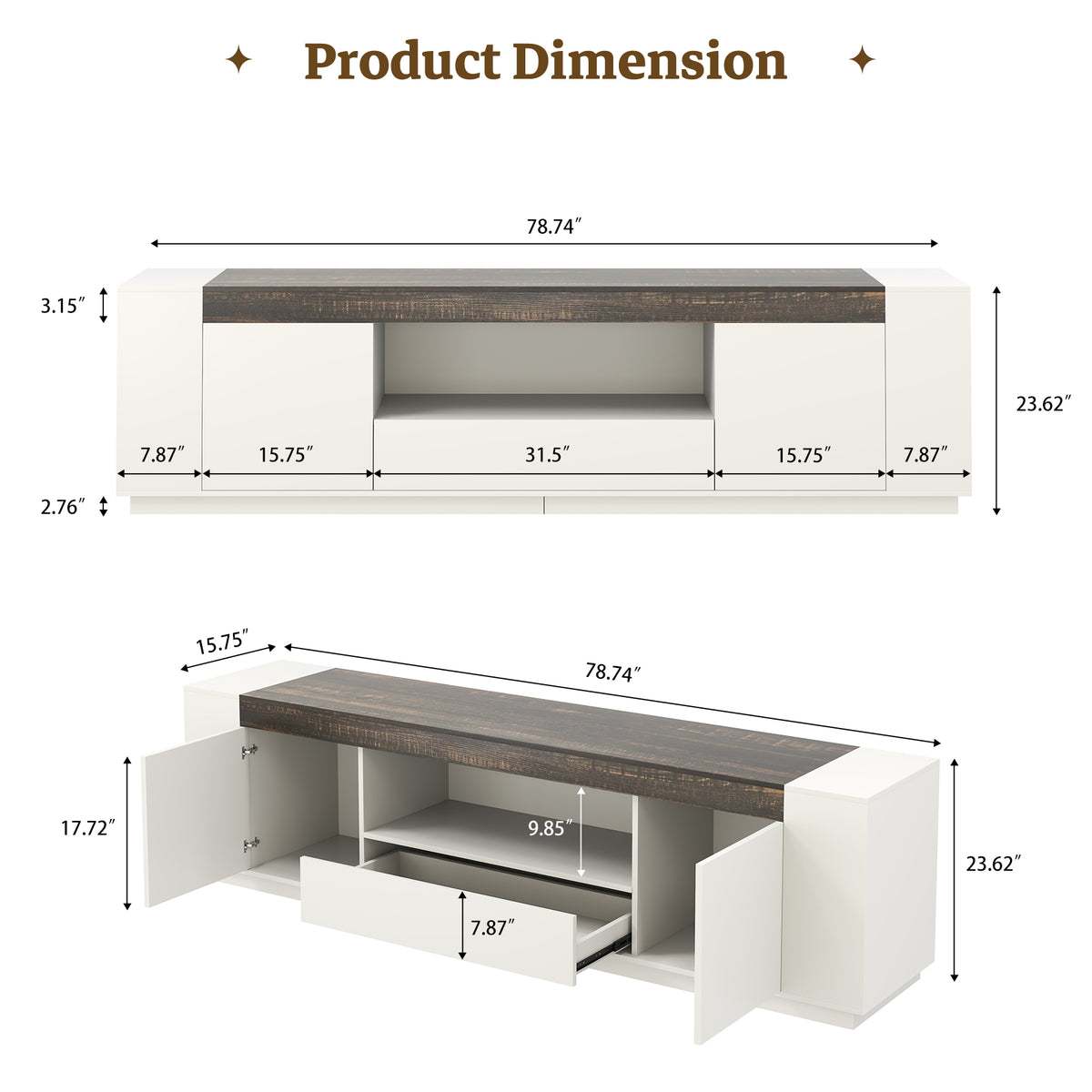 78.7-Inch Modern TV Console for Living Room, White & Brown Long TV Stand with Drawers and Open Shelf, White Entertainment Center with Brown Top for 85 Inch TV