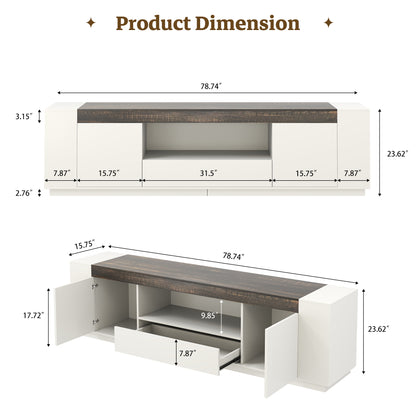 78.7-Inch Modern TV Console for Living Room, White & Brown Long TV Stand with Drawers and Open Shelf, White Entertainment Center with Brown Top for 85 Inch TV