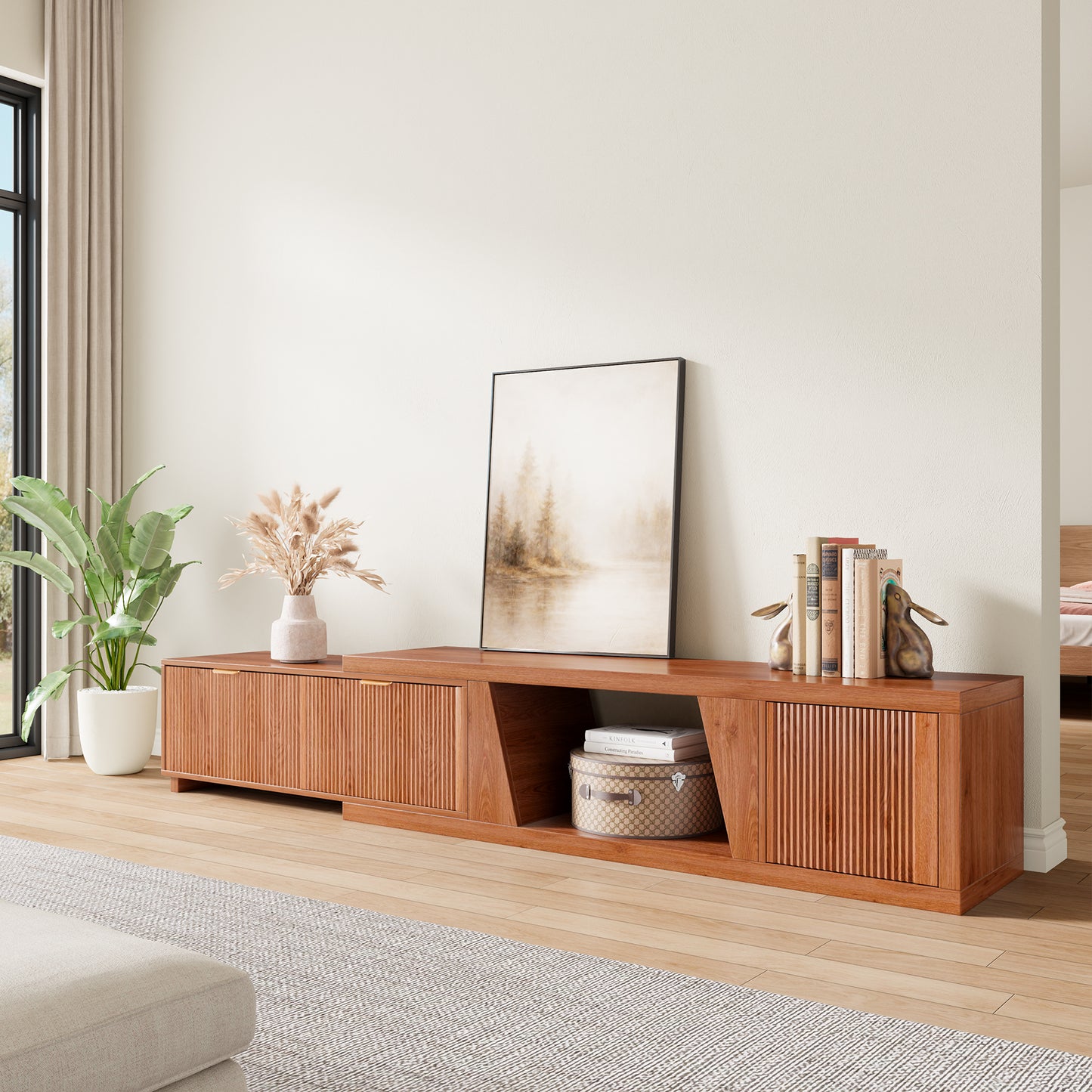 Epecoya Extendable TV Stand with Storage Cabinet Wooden, Mid Century Modern TV Stand with Adjustable Shelf and Drawers, Extra Long TV Stands for Living Room Fluted, Warm Brown Oak (64.57" W-98.43" W)