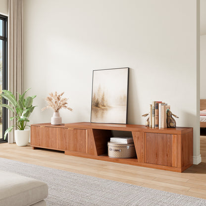 Epecoya Extendable TV Stand with Storage Cabinet Wooden, Mid Century Modern TV Stand with Adjustable Shelf and Drawers, Extra Long TV Stands for Living Room Fluted, Warm Brown Oak (64.57" W-98.43" W)