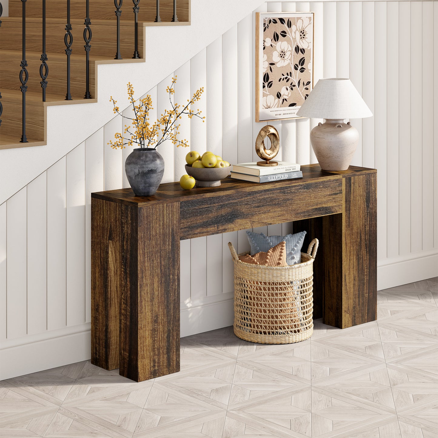 Epecoya Long Sofa Console Table for Entryway Living Room, 63-Inch Farmhouse Wood Behind Couch Table, Rectangular Accent Console with Wooden Double Base for Hallway Foyer Entrance, Rustic Brown