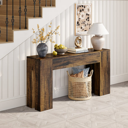 Epecoya Long Sofa Console Table for Entryway Living Room, 63-Inch Farmhouse Wood Behind Couch Table, Rectangular Accent Console with Wooden Double Base for Hallway Foyer Entrance, Rustic Brown