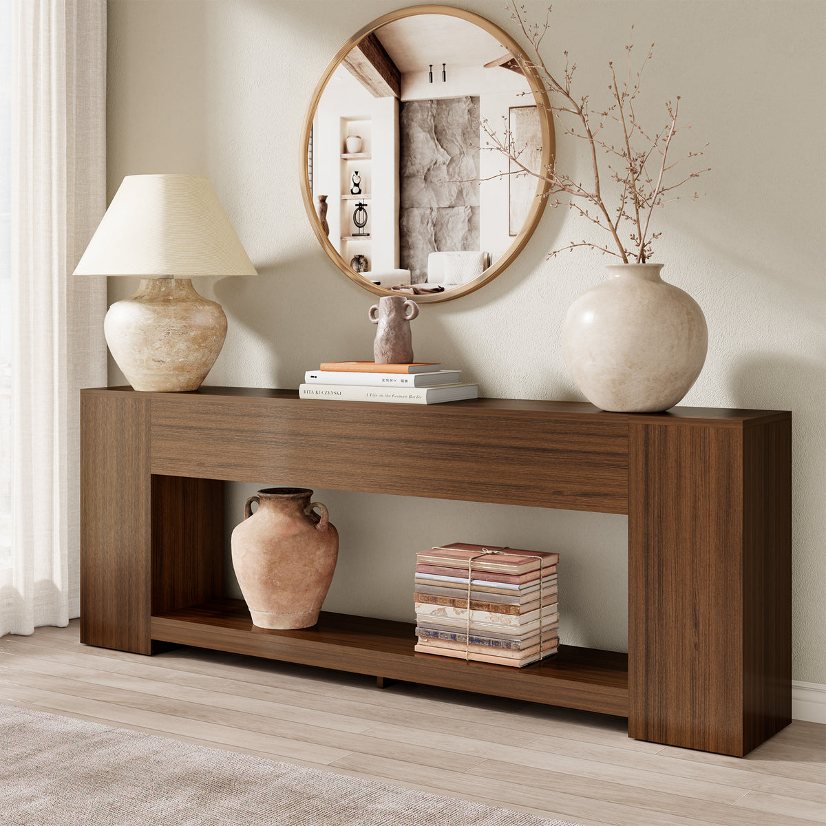 Extra Long Console Table with Open Shelf 86-Inch, Walnut Brown | 2-Tier Sofa Table Behind Couch with Storage, Mid Century Console Table for Entryway, Entrance, Living Room