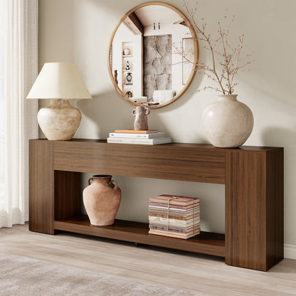 Extra Long Console Table with Open Shelf 86-Inch, Walnut Brown | 2-Tier Sofa Table Behind Couch with Storage, Mid Century Console Table for Entryway, Entrance, Living Room