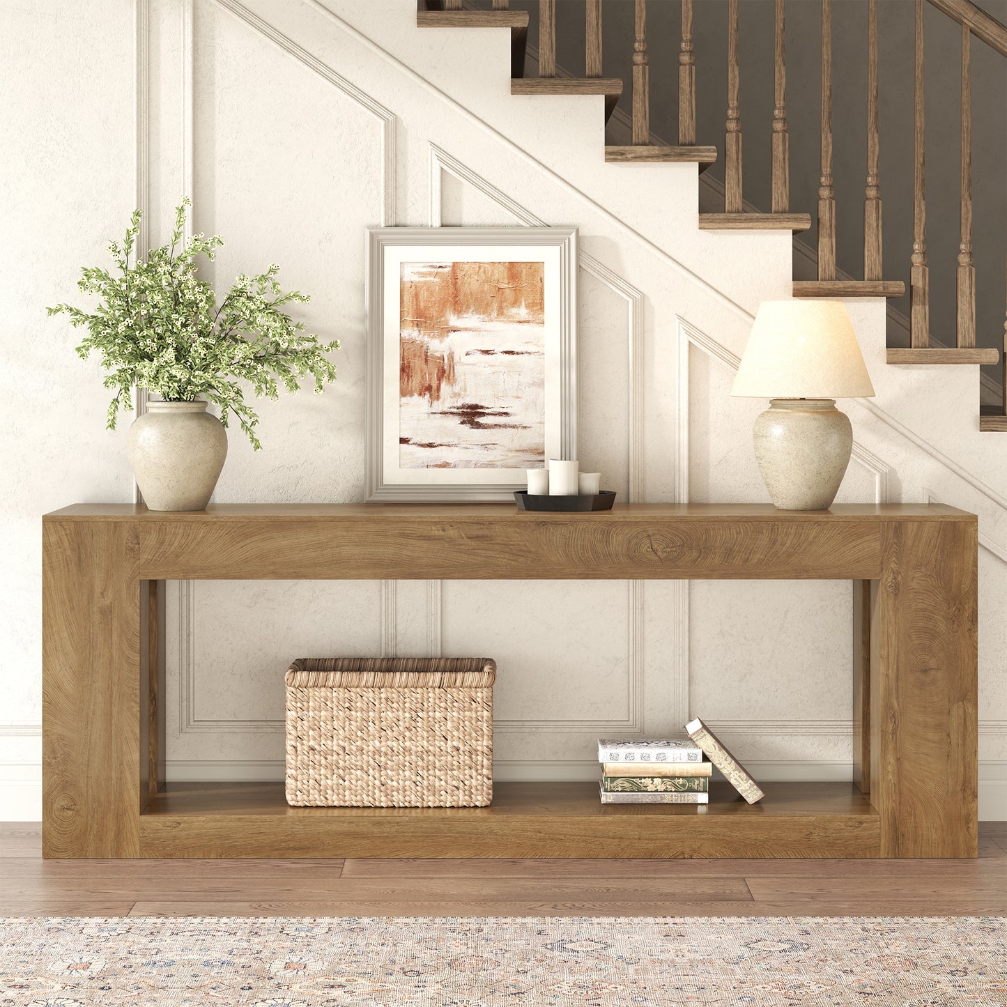 82.8-Inch Farmhouse Console Table with Storage Shelf, Natural Wood Finish - Extra Long Sofa Table Behind Couch, Entryway Table for Entrance, Hallway, Living Room