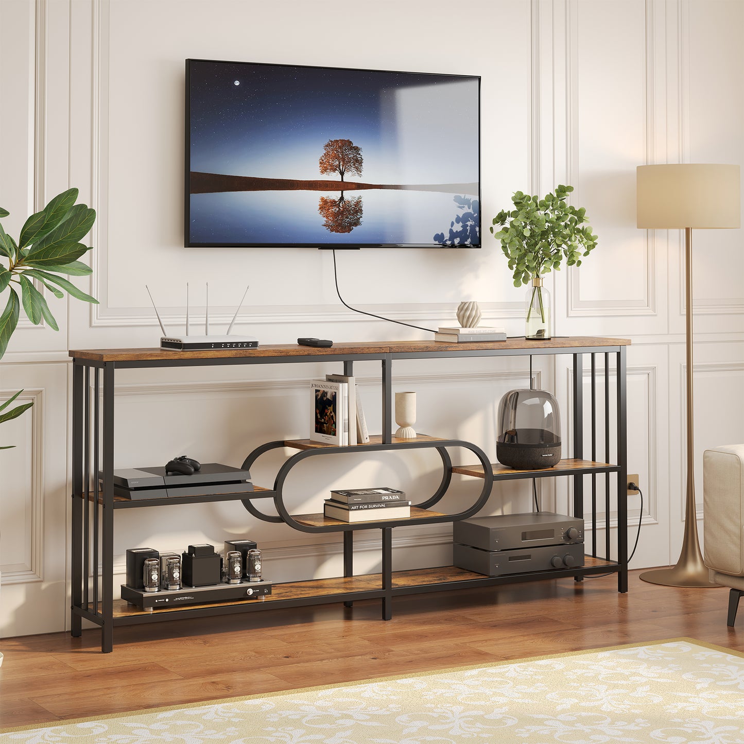 70.9-Inch Industrial Console Table with 3-Tier Shelves and Power Outlet for Living Room Entryway, Long Sofa Table with Metal Frame and Storage Shelf for Hallway Behind Couch, Rustic Brown