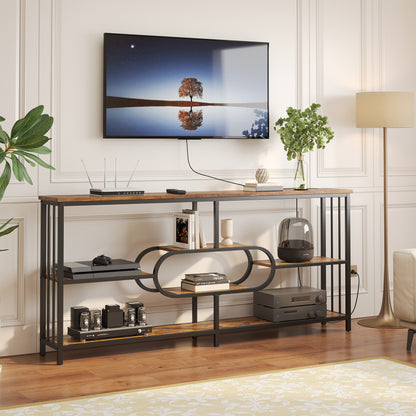 70.9-Inch Industrial Console Table with 3-Tier Shelves and Power Outlet for Living Room Entryway, Long Sofa Table with Metal Frame and Storage Shelf for Hallway Behind Couch, Rustic Brown