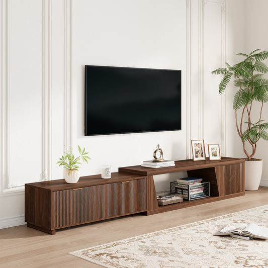 98-Inch TV Stand Extendable for Living Room, Extra Long TV Console with Storage Cabinets and Adjustable Shelf, Mid Century Modern TV Stand Flutted, Walnut Brown (64.57" W-98.43" W)