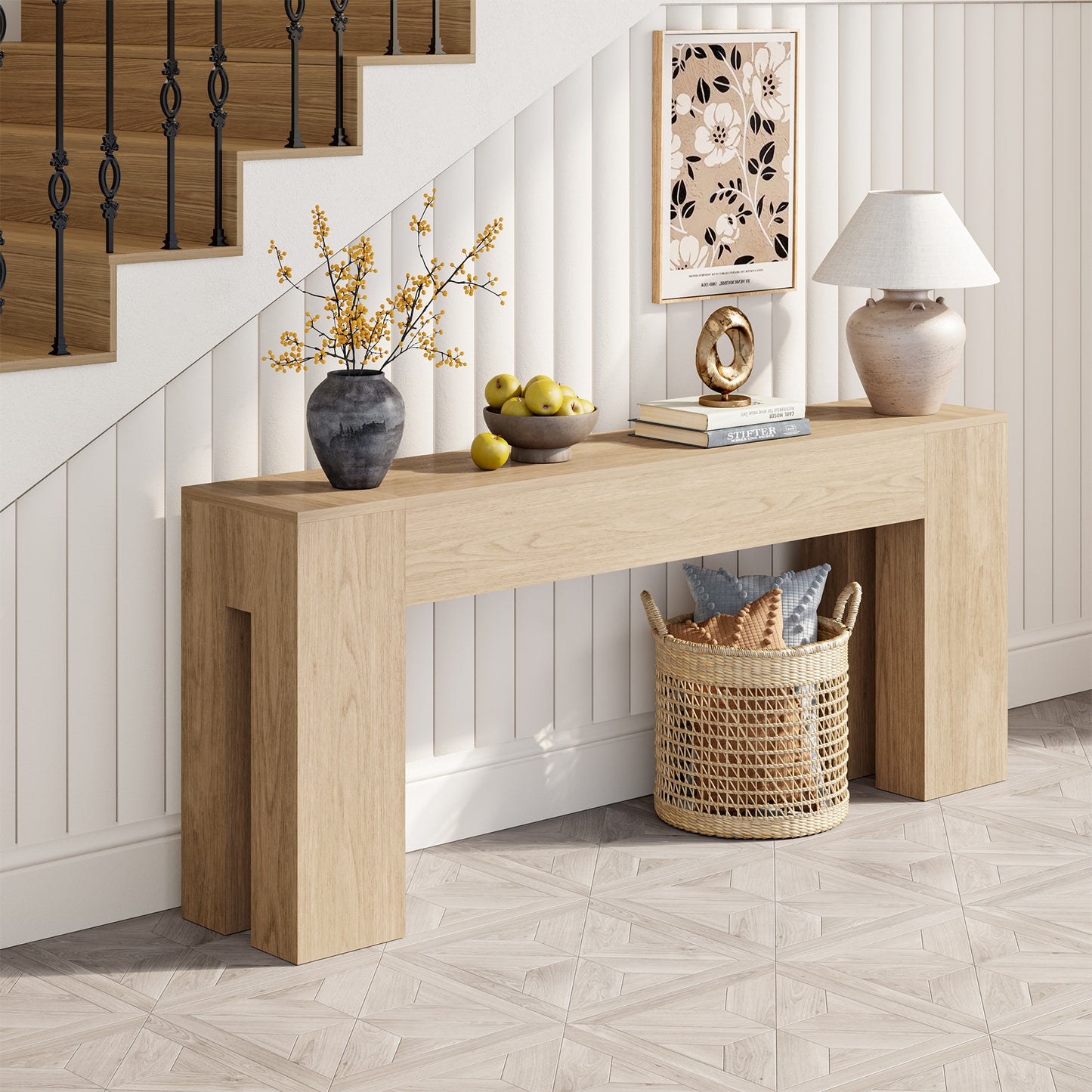 Epecoya Extra Long Sofa Console Table for Entryway Living Room, 79-Inch Farmhouse Wood Behind Couch Table, Rectangular Accent Console with Wooden Double Base for Hallway Foyer Entrance, Light Oak