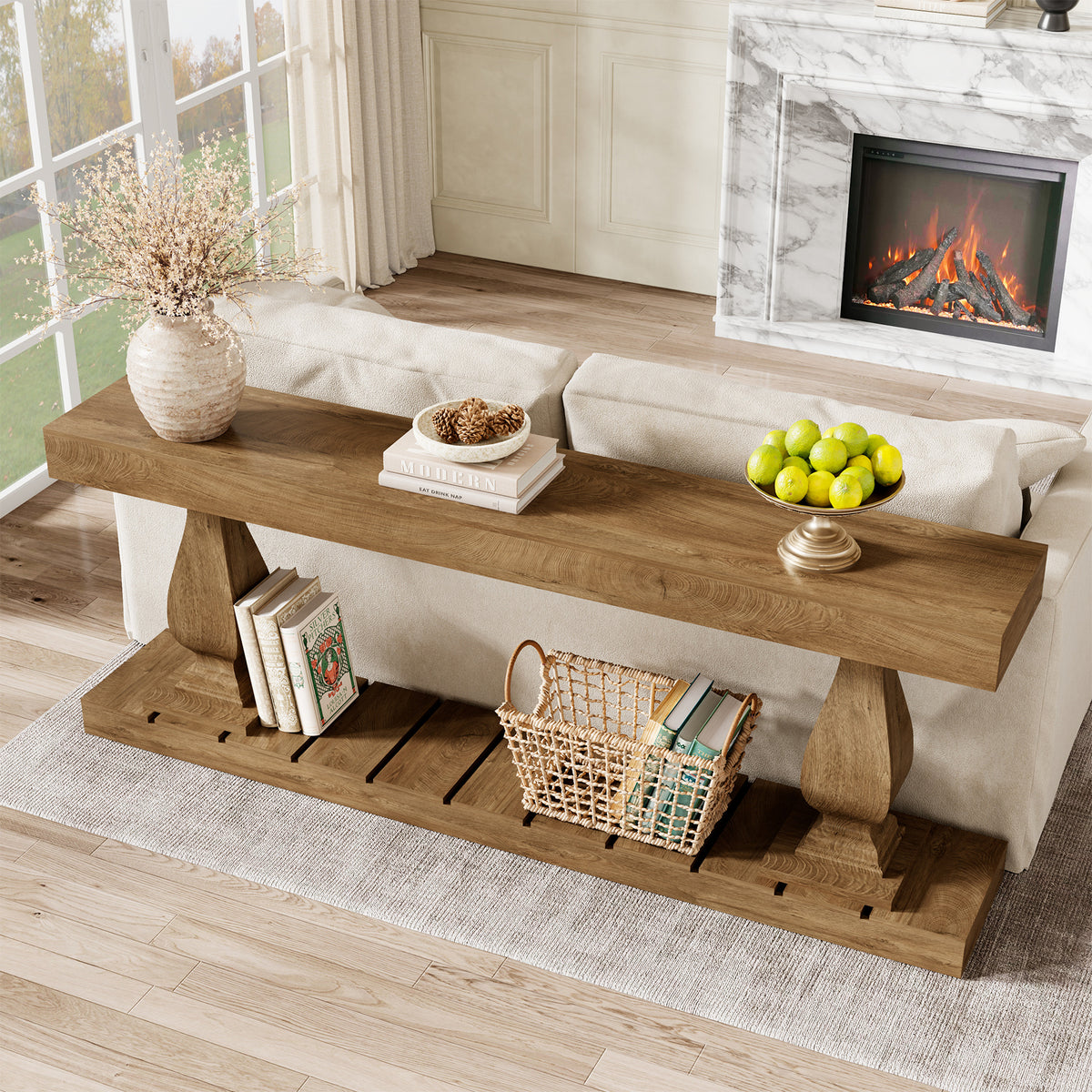 70 Inch Wood Console Table for Entryway, Extra Long Sofa Table Behind Couch, Rustic Farmhouse Entry Style with Bottom Shelf and Vintage Curved Legs for Living Room, Hallway