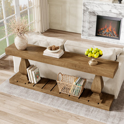 70 Inch Wood Console Table for Entryway, Extra Long Sofa Table Behind Couch, Rustic Farmhouse Entry Style with Bottom Shelf and Vintage Curved Legs for Living Room, Hallway