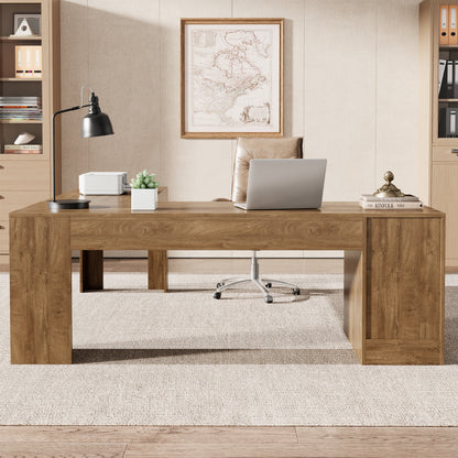83" Farmhouse L Shaped Office Desk with Cabinet & Drawer, Oak Brown Wood Executive Computer Desk with Spacious Storage, Large Corner Workstation Ideal for Home Office