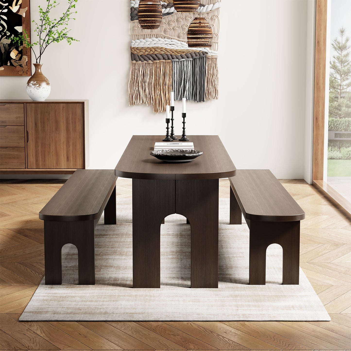 Dining Table with Stools for 4 Person, 55-inch Kitchen Wood Dinner Table Set with 2 Piece Benches Wooden Tabletop Dining Room Table for Living Room, Apartment, Retro Brown