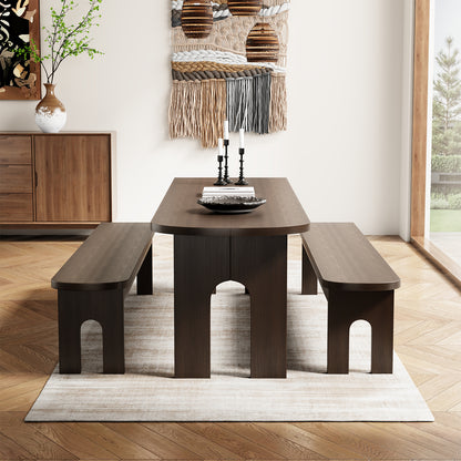 Dining Table with Stools for 4 Person, 55-inch Kitchen Wood Dinner Table Set with 2 Piece Benches Wooden Tabletop Dining Room Table for Living Room, Apartment, Retro Brown