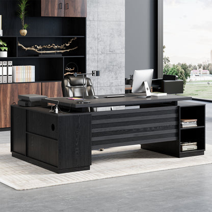 Epecoya L Shaped Desk with Drawers for Home, 78-Inch Executive Office Desk with Power Outlet, Large Home Office Desks with Open Shelf and Storage Cabinet for Home, Grey Black