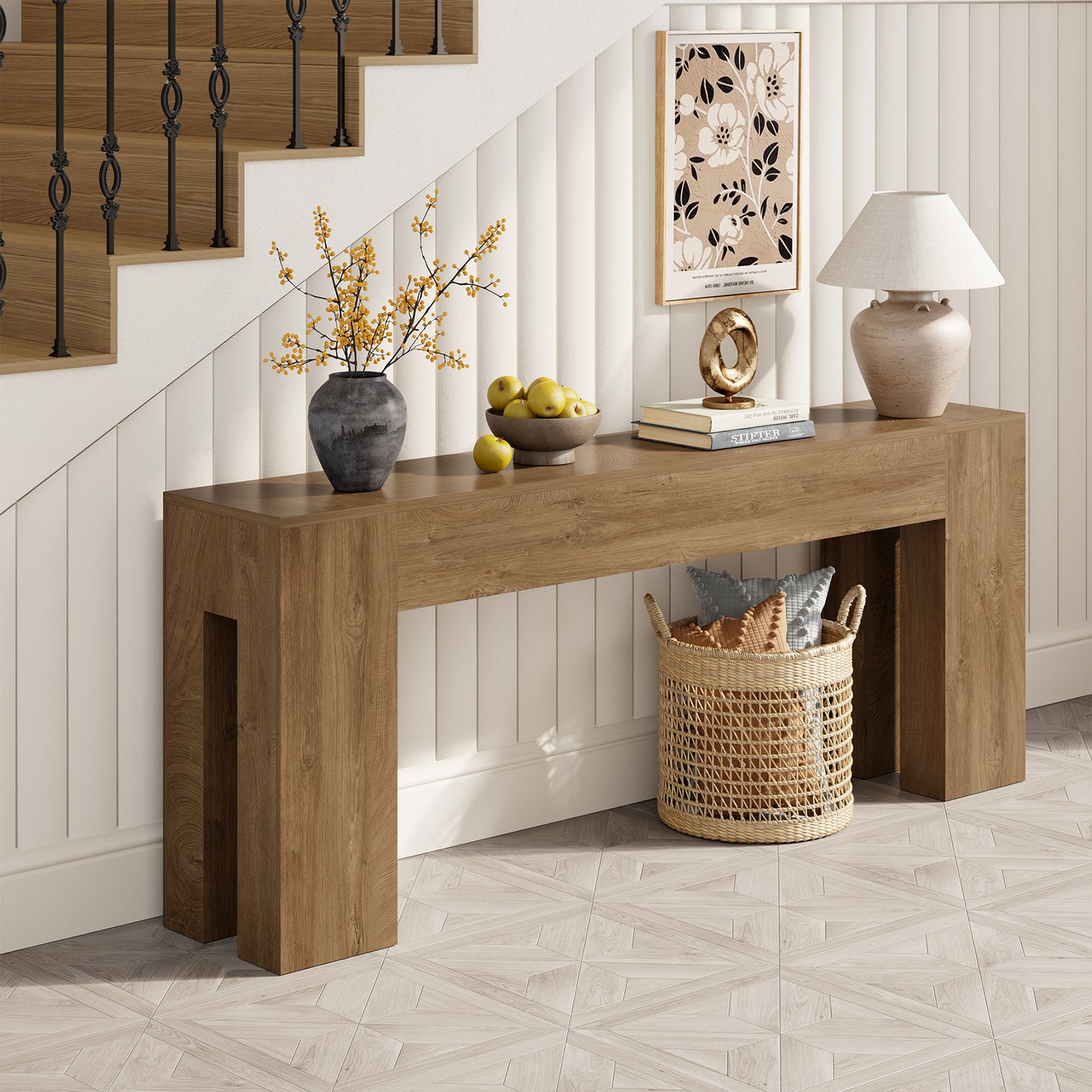 Extra Long Sofa Console Table for Entryway Living Room, 80-Inch Farmhouse Wood Behind Couch Table, Rectangular Accent Console with Wooden Double Base for Hallway Foyer Entrance, Natural Oak Brown