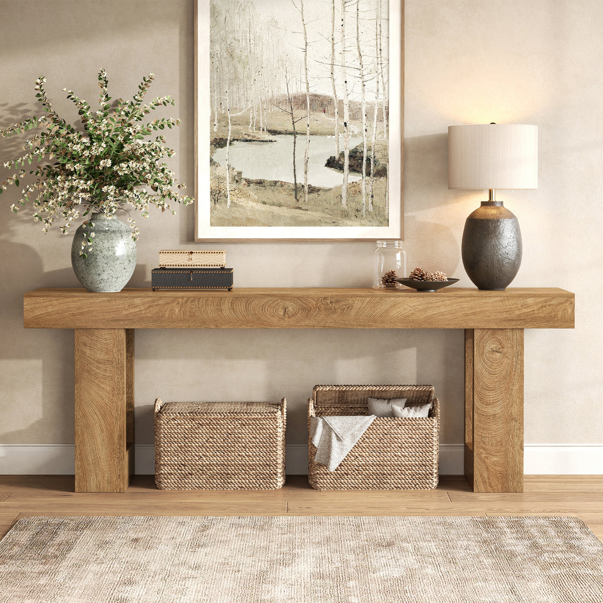 Extra Long Console Tables for Entryway 78.7-Inch, Natural Oak Brown Farmhouse Sofa Tables Narrow Long, Rectangular Wooden Entryway Tables for Living Room, Entrance, Hallway