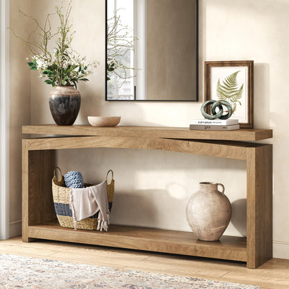 70 Inch Long Console Table for Entryway, Natural Oak Brown Farmhouse Console Table, Wood Sofa Table Behind Couch, 2 Tier Entrance Table with Storage Shelf for Hallway Living Room