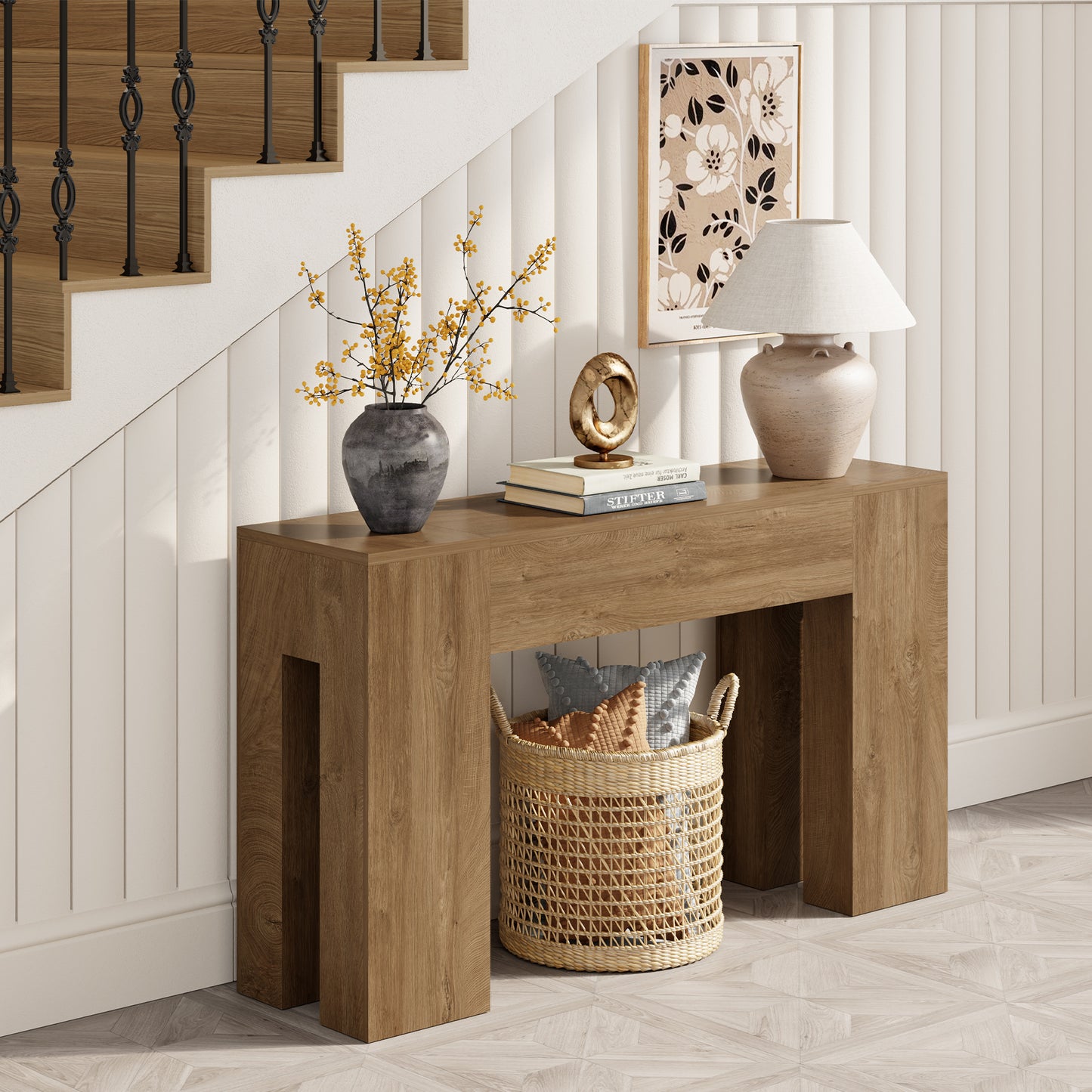Epecoya 55-Inch Long Sofa Console Table for Entryway Living Room, Farmhouse Wood Behind Couch Table, Rectangular Accent Console with Wooden Double Base for Hallway Foyer Entrance, Natural Oak Brown