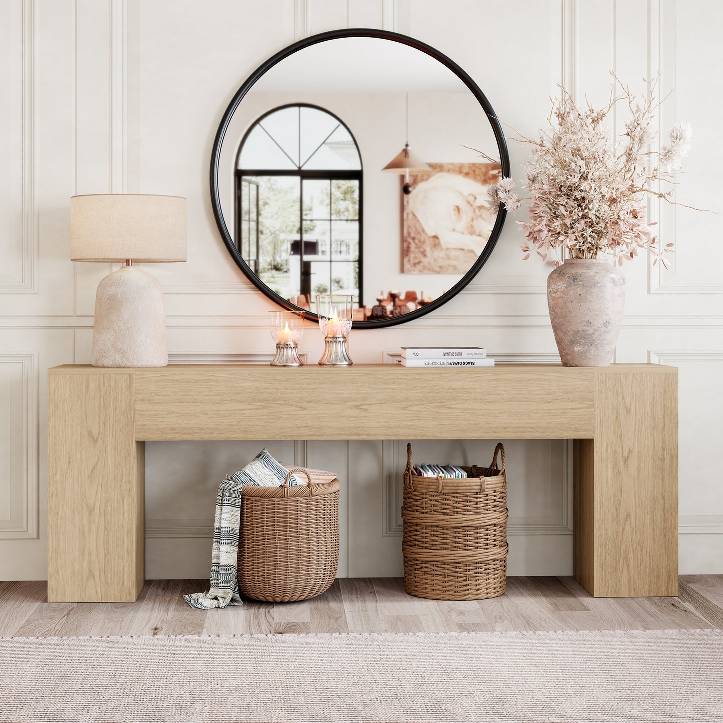86-Inch Oak Console Table for Living Room, Farmhouse Extra Long Entryway Table, Wood Sofa Table Behind Couch for Hallway, Entry Way, Entrance, Light Oak