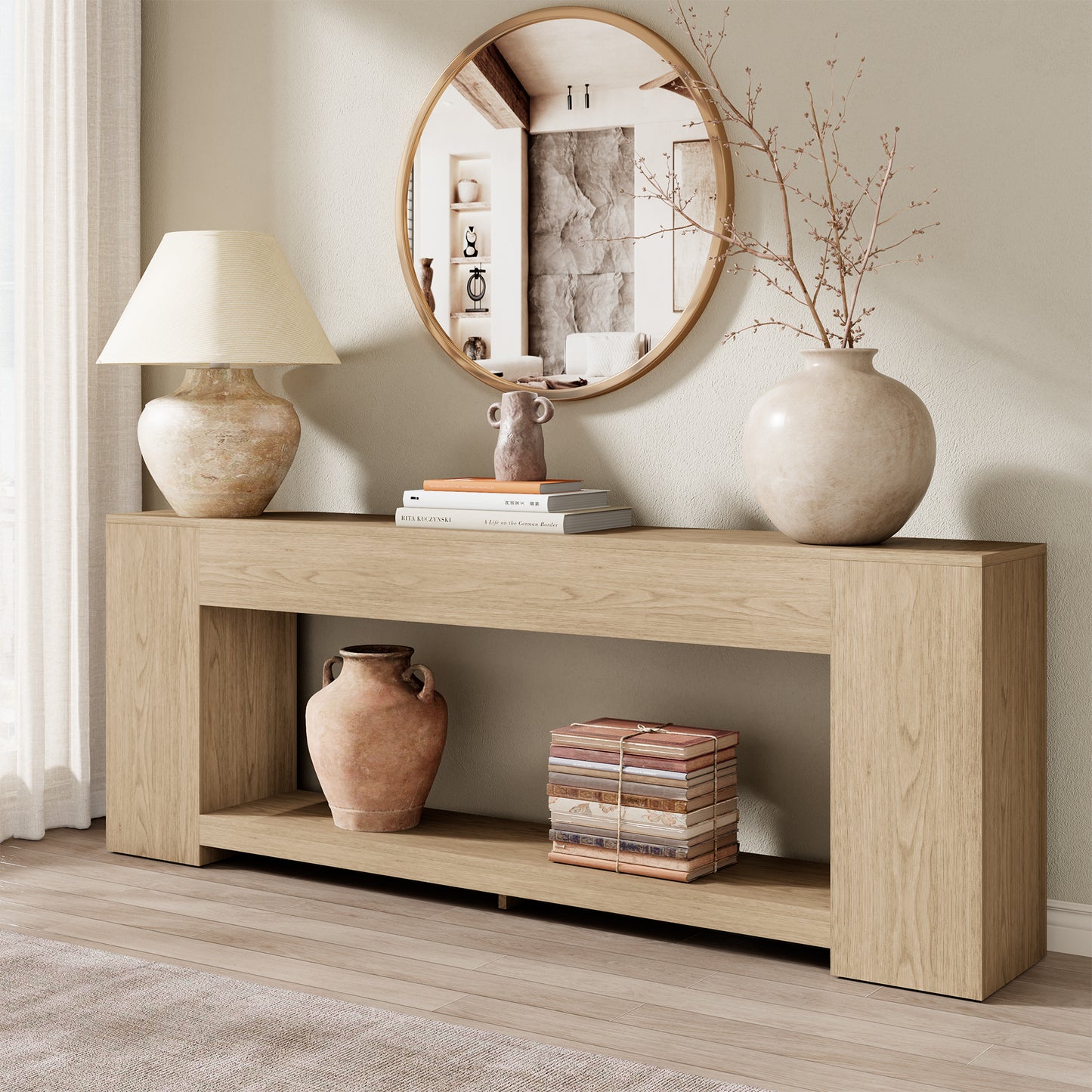 Console Table for Entry Way with Storage 86 Inch, Extra Long Sofa Table Behind Couch for Living Room, Wooden Entryway Entrance Table with 2-Tier Shelves, Light Oak