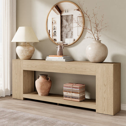Console Table for Entry Way with Storage 86 Inch, Extra Long Sofa Table Behind Couch for Living Room, Wooden Entryway Entrance Table with 2-Tier Shelves, Light Oak