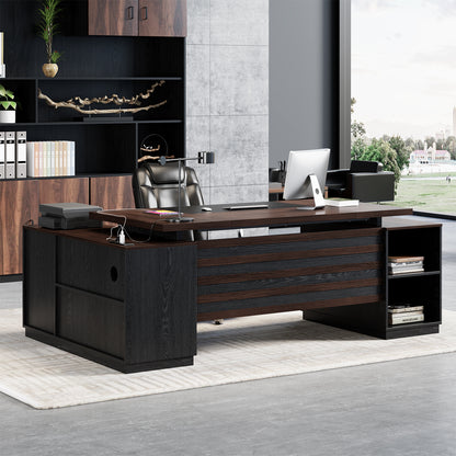 Epecoya L Shape Executive Desk with Drawers and Storage Cabinet, Wooden Executive Office Desk for Home, Large Computer Table with Lateral File Cabinet for Studio, Dark Brown Black