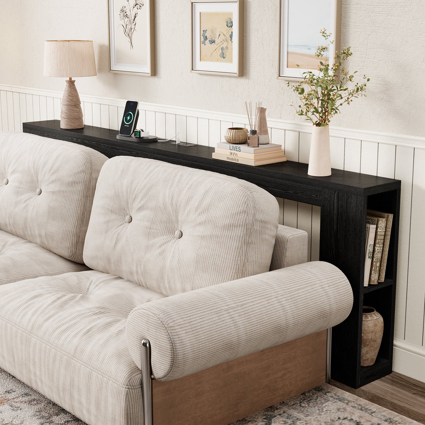 94.5" Narrow Console Table with USB Charging & Storage, Black | 94.5"Extra Long Slim, Behind Sofa Couch Table with Outlet, Black Wood Finish, for Entryway,Hallway, Easy Assembly