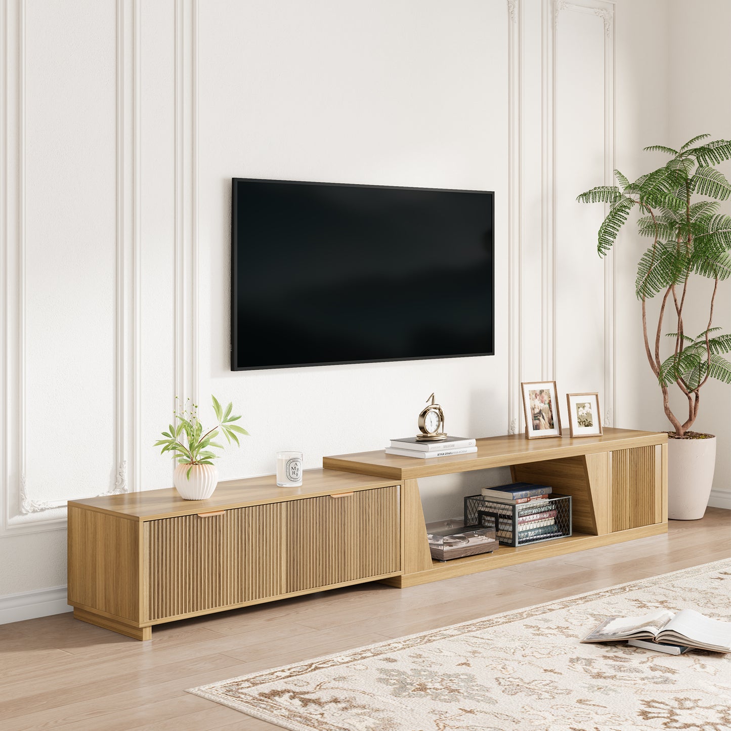 Extendable TV Console Large 64.57-98.43 Inch, Extra Long TV Stands for Living Room Flutted, Modern Oak TV Stand with 2 Drawers & Open Shelf, Light Oak
