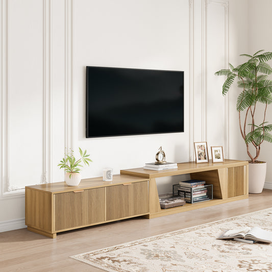 Extendable TV Console Large 64.57-98.43 Inch, Extra Long TV Stands for Living Room Flutted, Modern Oak TV Stand with 2 Drawers & Open Shelf, Light Oak