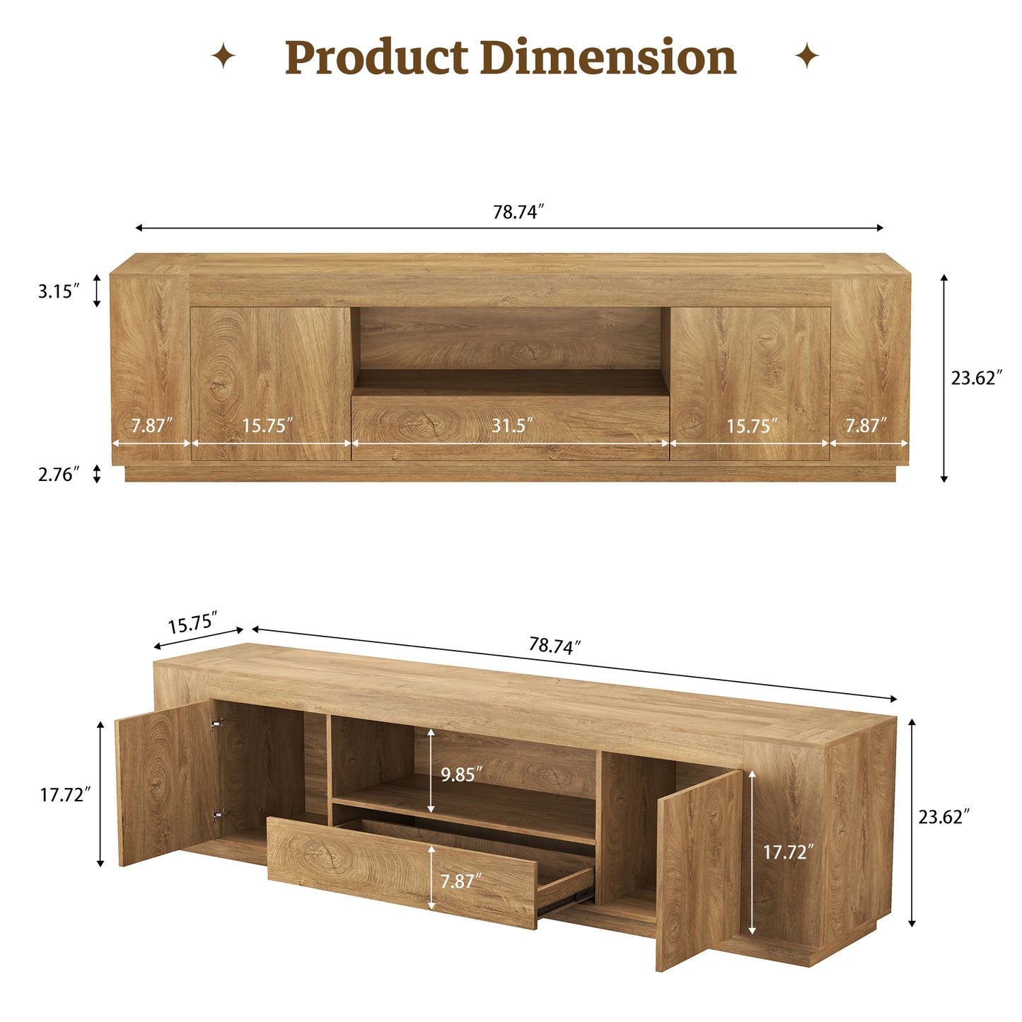 Oak TV Stands for Living Room 78.7-Inch, Wooden Entertainment Center with 2 Cabinets & Drawer, Farmhouse TV Console with Storage for TVs Up to 80", Natural Oak Brown