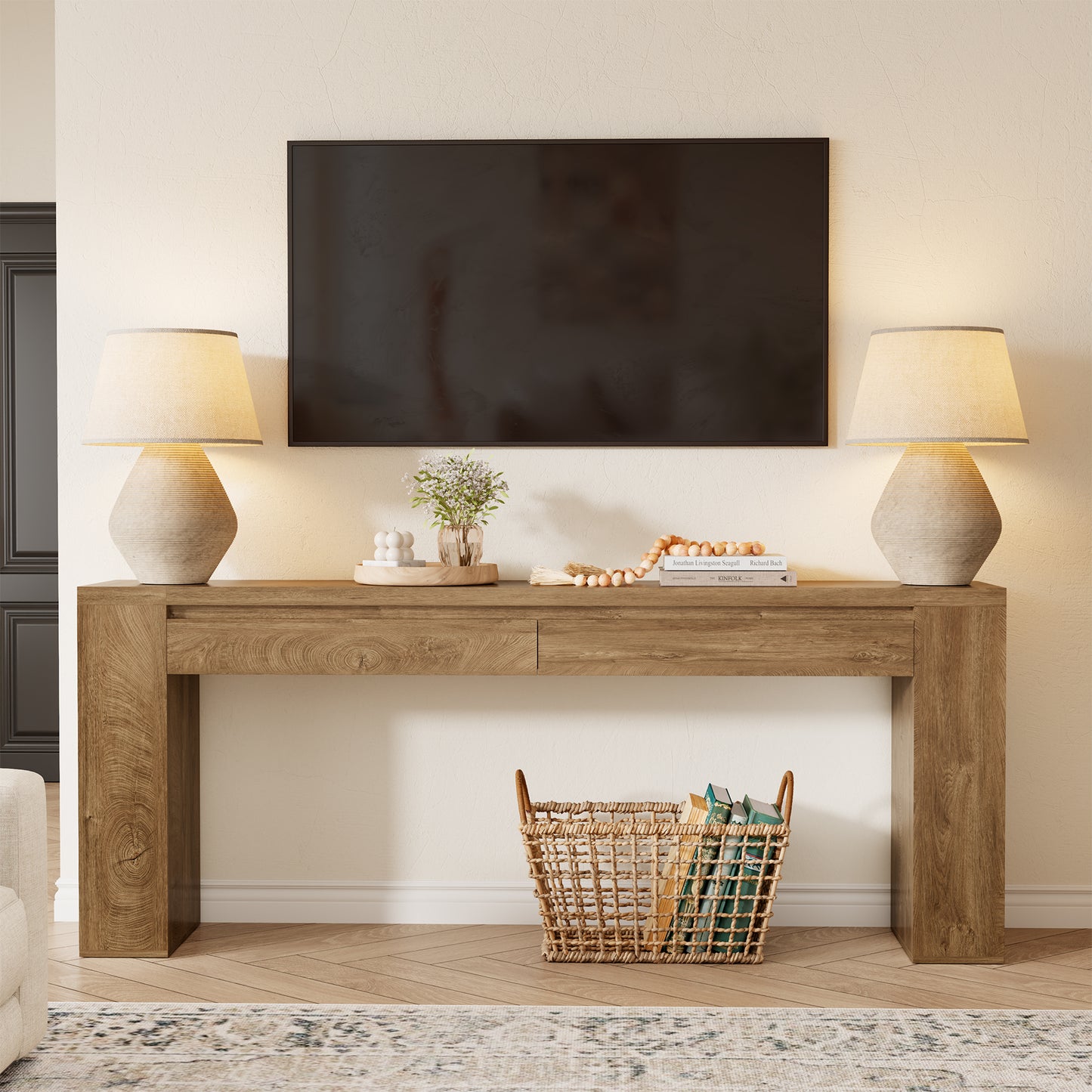 78 Inch Console Tables for Entryway with 2 Drawers Natural Oak | Farmhouse Behind Couch Table with Storage, Extra Long Entryway Table Design for Living Room, Hallway, Entrance
