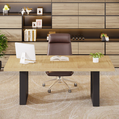70.9-Inch Executive Computer Desk for Home Office, Modern Simple Large Office Desks Laptop Workstation, Writing Table with Wide Wood Tabletop and Painted Sled Base for Study, Black Brown Oak